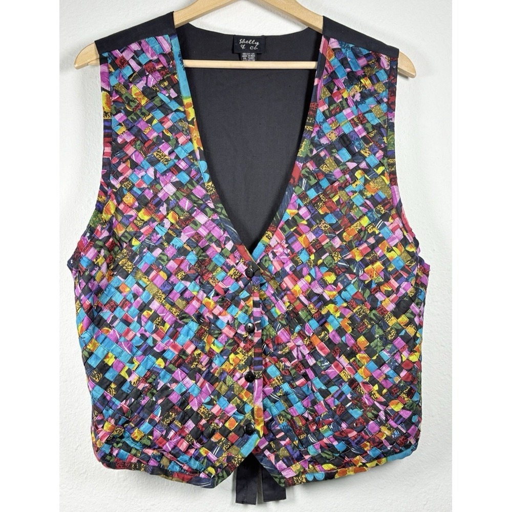Vtg 90s Shelly & Co. Quilted Woven‎ Vest Colorful M Art Teacher Eclectic Mosiac